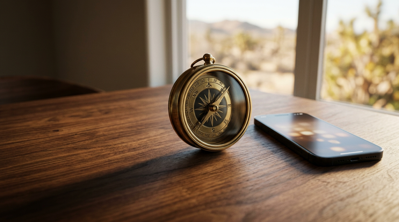 A brass compass beside a smartphone on a walnut desk in desert window light
